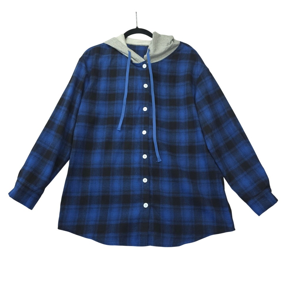 Blue Black Plaid Hooded Button Down Shirt L Long Sleeve Buffalo Check Grunge
